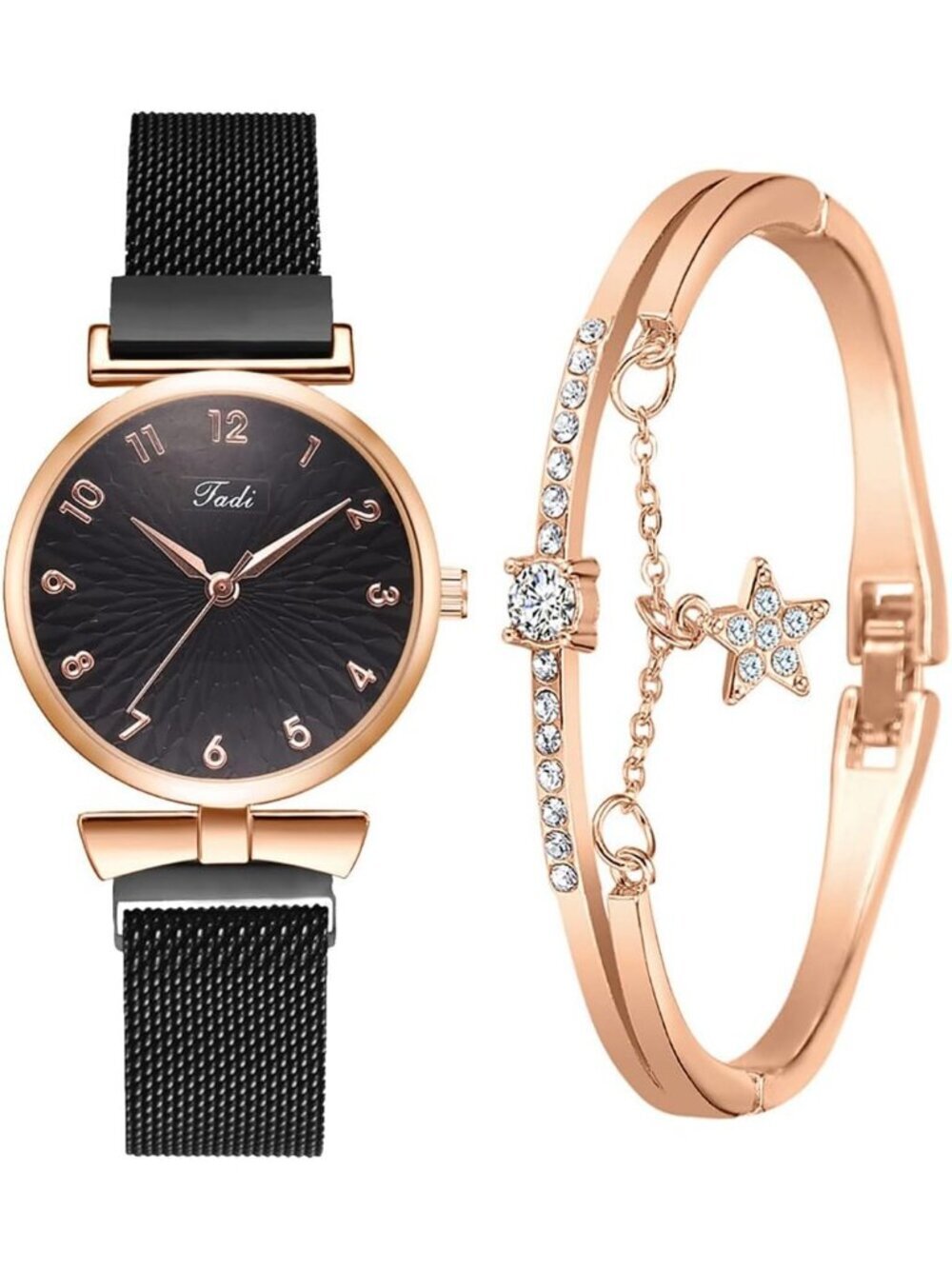 Women's Black Analog Quartz Classic Alloy Strap Crystal Bracelet Set Wrist Watch